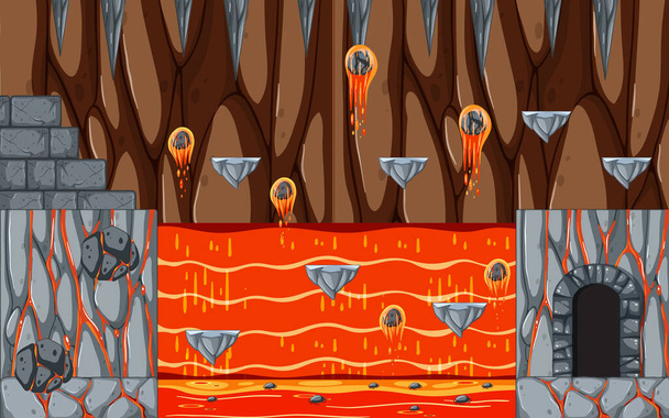 Cueva de lava Plataforma Plantilla de juego ilustración - Vector, Imagen