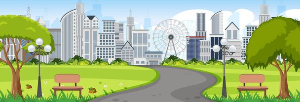 Horizontal scene with long road through the park into the town at day time illustration - Vector, Image