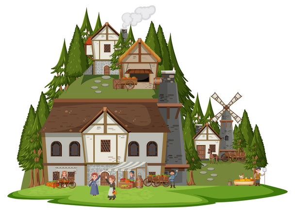 Starověká středověká vesnice na bílém pozadí ilustrace - Vektor, obrázek
