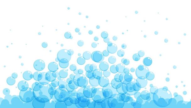 Burbujas de jabón en estilo de dibujos animados. Una muestra de espuma con formas redondas azules. Ilustración vectorial de una tarjeta con champú o espuma para beber. Fondo de jabón simple. Círculos de oxígeno vuelan. - Vector, Imagen