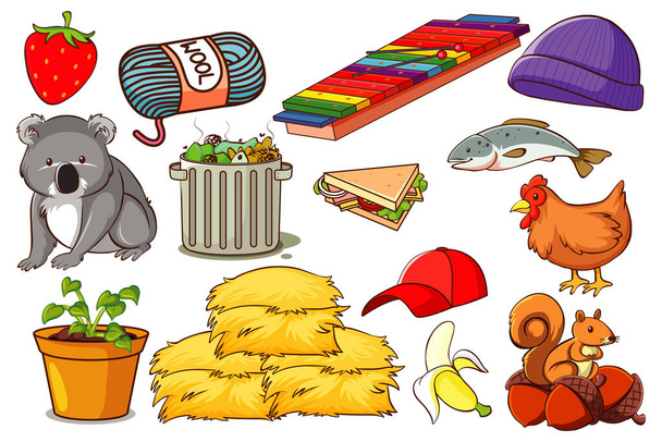 Set von verschiedenen Tieren und Objekten Illustration - Vektor, Bild