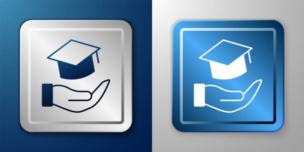 White Education Grant Symbol isoliert auf blauem und grauem Hintergrund. Studiengebühren, finanzielle Bildung, Haushaltsfonds, Stipendienprogramm, Graduiertenmütze. Silberne und blaue quadratische Taste. Vektor - Vektor, Bild