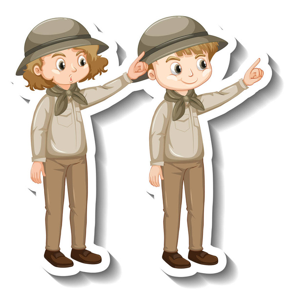 Couple kids wear safari outfit cartoon character sticker illustration - Vector, Image