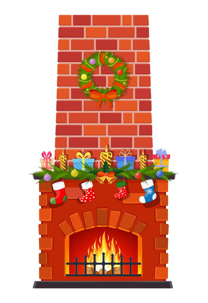 白い背景に隔離されたクリスマス暖炉 - ベクター画像