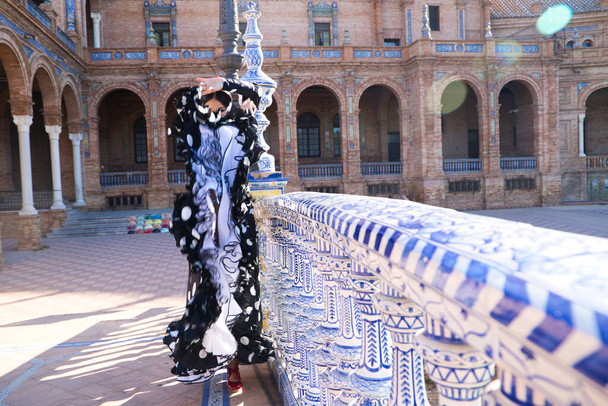 Spanische, schöne, brünette Flamenco-Tänzerin mit einem typischen Flamenco-Kleid in Schwarz mit weißen Tupfen. Sie tanzt im Park von Sevilla. Flamenco-Konzept kulturelles Erbe der Menschheit. - Foto, Bild