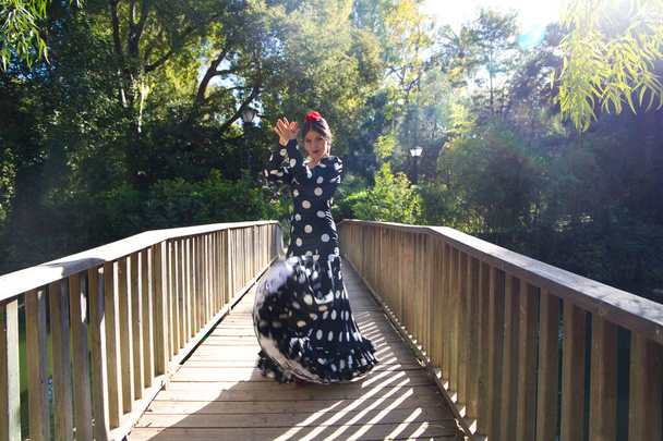 bela espanhola morena dançarina flamenco mulher com um traje típico flamenco com bolinhas brancas dançando em uma passarela de madeira na rua. Património cultural flamenco da humanidade. - Foto, Imagem