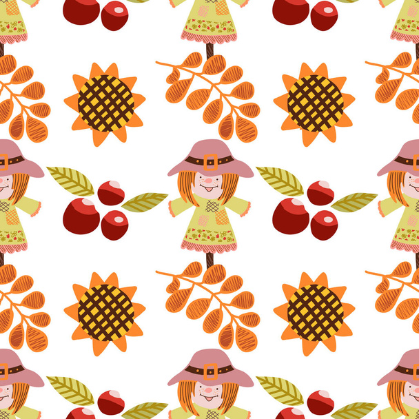 Kiitospäivän saumaton kuvio. Vektori kuvitus kalkkuna, kurpitsat, punaiset marjat, syksyn lehdet, variksenpelätin, auringonkukat, omenat. - Vektori, kuva