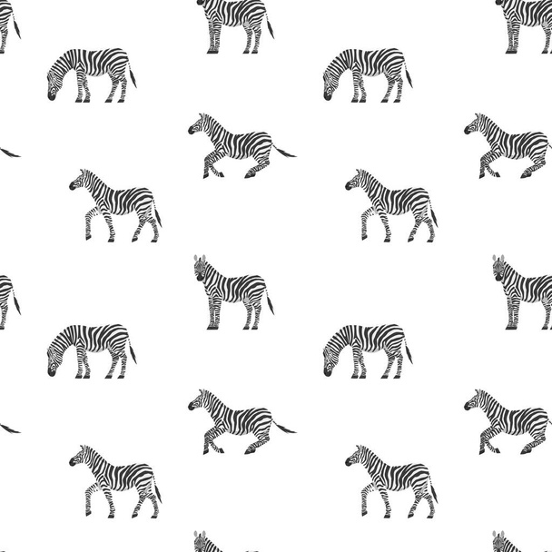 Monochrome animalistic seamless pattern with zebras, flat vector illustration. - Вектор,изображение