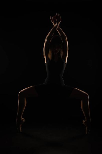 Silhouette of ballerina is posing while squaitting on pointe shoes - Foto, immagini