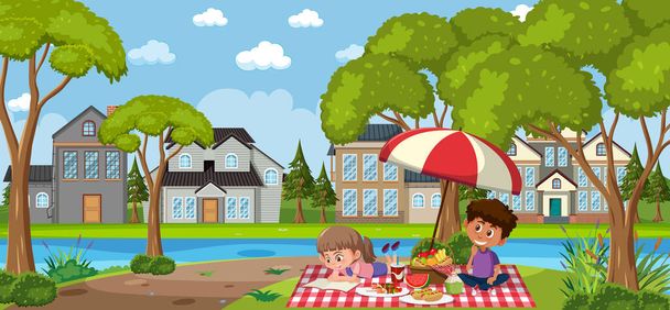 庭のイラストで幸せな子供たちのピクニック - ベクター画像