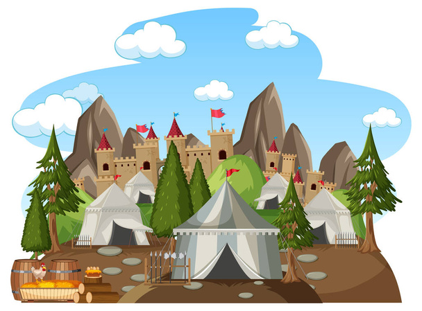 Vojenský středověký tábor na bílém pozadí ilustrace - Vektor, obrázek