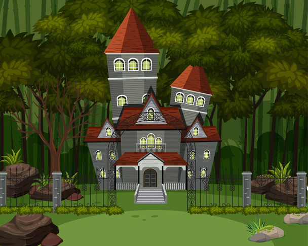 幽霊ハロウィーンの邸宅のイラスト付きのシーン - ベクター画像