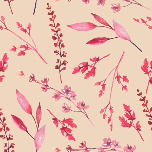 Seamless pattern with hand painted watercolor pink and red leaves on beige background. Cute design for textile design, scrapbook paper, decorations. - Fotó, kép