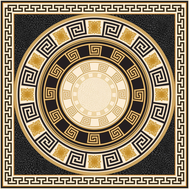 スカーフバンダナプリントネッカーチーフカーペット。ラウンドギリシャ語は黒ヒョウの皮に金色の正方形の花の装飾品、金のケーブルフレームとの国境のフリーズを意味します。ブラシパレットの6パターンブラシ - ベクター画像