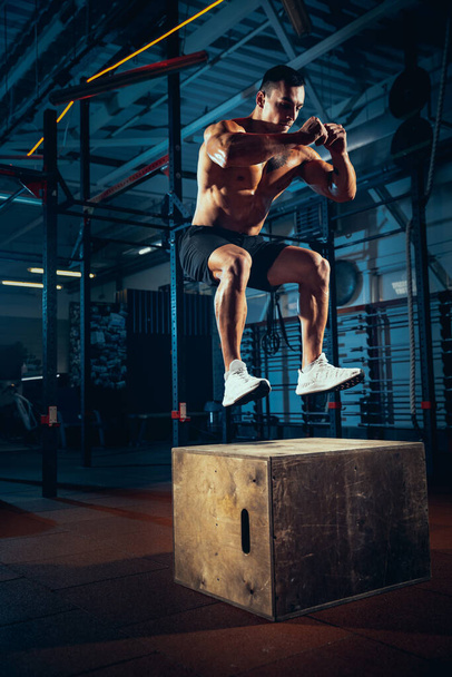 Portrait of sportive man, bodybuilder workouts at sport gym, indoors. Concept of sport, activity, healthy lifestyle - Fotografie, Obrázek