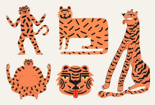 Vector set with cartoon tigers. Trendy collection, apparel print design templates, logo, greeting card, calendar, celebration typography posters with cartoon style animals - Vector, Imagen
