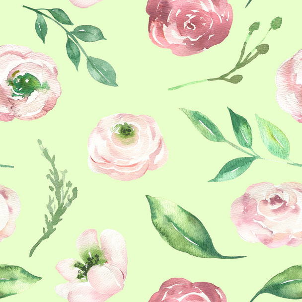 Seamless pattern with hand painted watercolor red, pink flowers. Cute design for Spring textile design, scrapbook paper, decorations. - Fotoğraf, Görsel