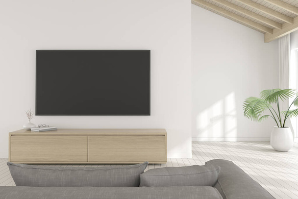 3D-Wiedergabe des modernen Wohnzimmers mit TV-Bildschirm. - Foto, Bild