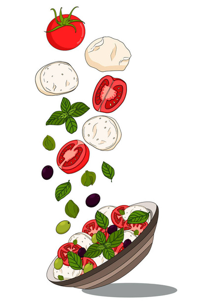 Caprese salad. Mozzarella cheese, tomatoes, olives, capers, basil. Healthy vegetarian mediterranean food concept. Vector hand drawn illustration on white background. - Photo, Image
