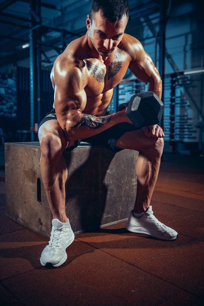 Image of young man, bodybuilder training with dumbbells at modern sport gym, indoors. Concept of sport, activity, healthy lifestyle - Photo, image