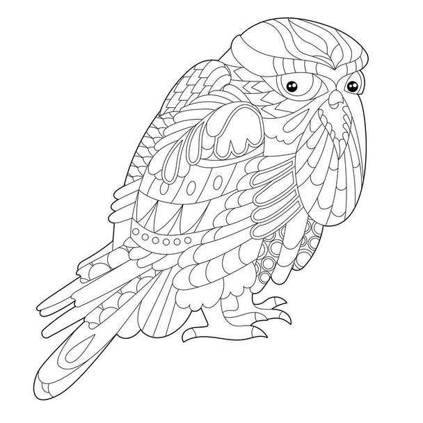 Cute beautiful  bird owl. Black and white background. Funny creature, coloring book pages. Hand drawn illustration in zentangle style for children and adults, tattoo. - Διάνυσμα, εικόνα