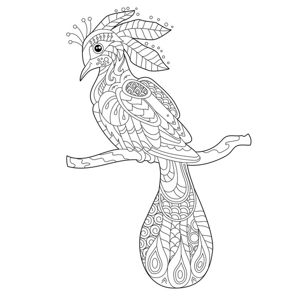 Cute beautiful  bird with long tail. Black and white background. Funny creature, coloring book pages. Hand drawn illustration in zentangle style for children and adults, tattoo. - Διάνυσμα, εικόνα