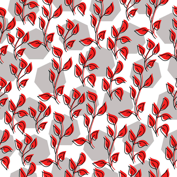 Naadloos patroon van sierlijke doodle bladeren in rode en grijze heptagons op een zwarte achtergrond vector illustratie - Vector, afbeelding