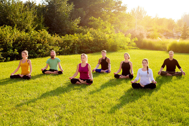 A group of people in a lotus pose on a green lawn in the park - Foto, afbeelding
