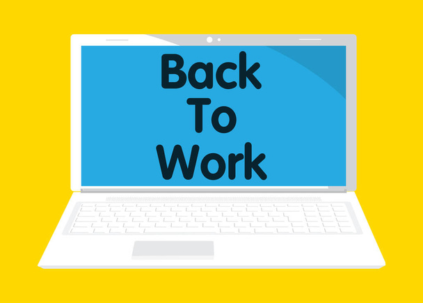 Laptop con testo Back to work, vacanza di lavoro, pausa vacanza o concetto di lavoro disoccupato sullo schermo. Illustrazione del cartone animato vettoriale. - Vettoriali, immagini