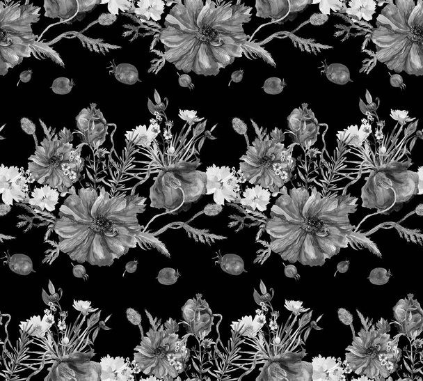 Siyah ve beyaz suluboya desenli, kır çiçekleri ve gelincikler ve siyah arka planda dağınık bir şahin dikeni. - Fotoğraf, Görsel