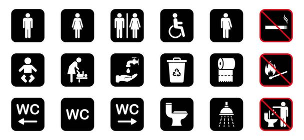 WC-jelkészlet. A mosdó sziluett ikonja. WC, fürdőszoba piktogram. Anya és Babaszoba. Mozgássérültek nyilvános mosdója, férfi, nő, transznemű. Nincs füstölgő ikon. Vektorillusztráció - Vektor, kép