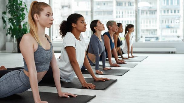 Sporty multiracial women meditate practice yoga together - 写真・画像