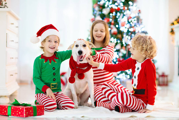 Weihnachten zu Hause. Kinder und Hund unterm Weihnachtsbaum. Kleine Jungen und Mädchen umarmen Haustier mit Nikolausmütze und öffnen Weihnachtsgeschenke. Kinder spielen mit Tieren. Winterfest. Liebe und Freundschaft. - Foto, Bild