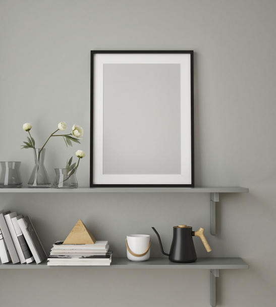 mock up poster frame in modern interior background, living room, Scandinavian style, 3D render, 3D illustration - Φωτογραφία, εικόνα