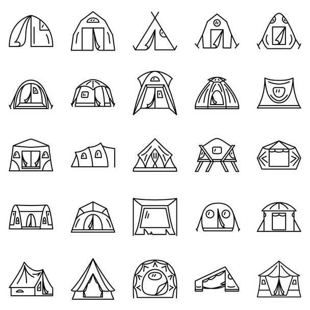 Tente pour camping, tourisme, voyage à l'extérieur. Un ensemble d'icônes vectorielles, contour, isolé, 48 pixels. - Vecteur, image