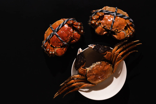 boiled Shanghai hairy crab or Chinese mitten crab (Eriocheir sinensis) with Chili and herb on black background - Foto, Imagem