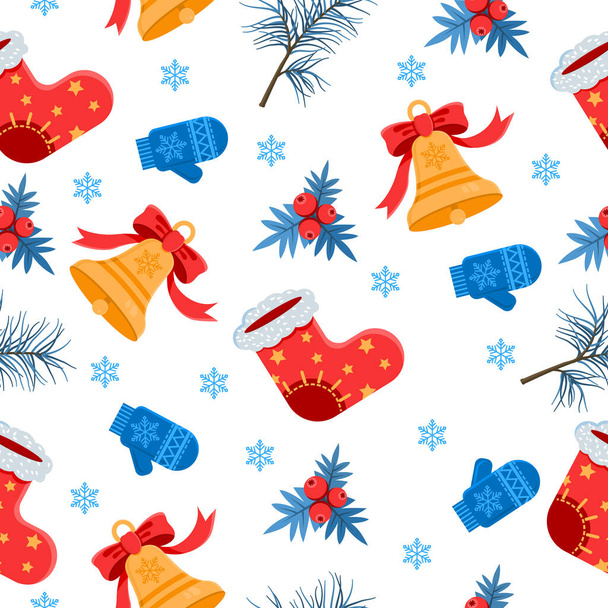 Festive seamless pattern with a set of New Year attributes. Bell, pine branch, boots of Santa Claus, snowflake, holly on a white background. Template for Christmas design. Vector illustration. - Vector, Image