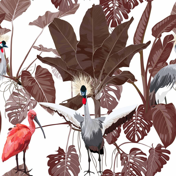 Uccello gru giapponese, Ibis e foglie di palma esotiche, sfondo bianco. Motivo floreale senza cuciture. Illustrazione tropicale. Piante esotiche, uccelli. Estate spiaggia di design. Natura paradisiaca. Colori marroni. - Vettoriali, immagini
