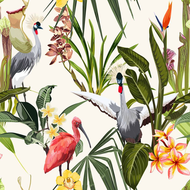 Japán daru madár, Ibis és egzotikus virágok, pálmalevelek, könnyű háttér. Virágos, zökkenőmentes minta. Trópusi illusztráció. Egzotikus növények, madarak. Nyári strand dizájn. Paradicsomi természet. - Vektor, kép