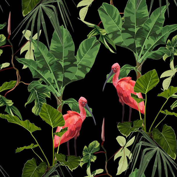 Birds Scarlet Ibis in the thickets of a palm rainforest. Hand drawn  illustration. Tropical jungle on black background. - Vector, Image