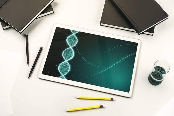 Creative concept with DNA symbol illustration on modern digital tablet screen. Genome research concept. Top view. 3D Rendering - Φωτογραφία, εικόνα