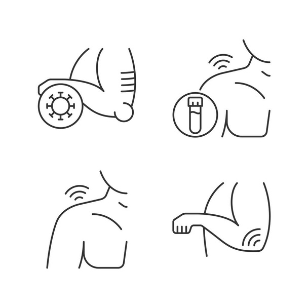 Shoulder and elbow pain linear icons set. Autoimmune condition. Rheumatism blood test. Septic arthritis. Customizable thin line contour symbols. Isolated vector outline illustrations. Editable stroke - Vetor, Imagem