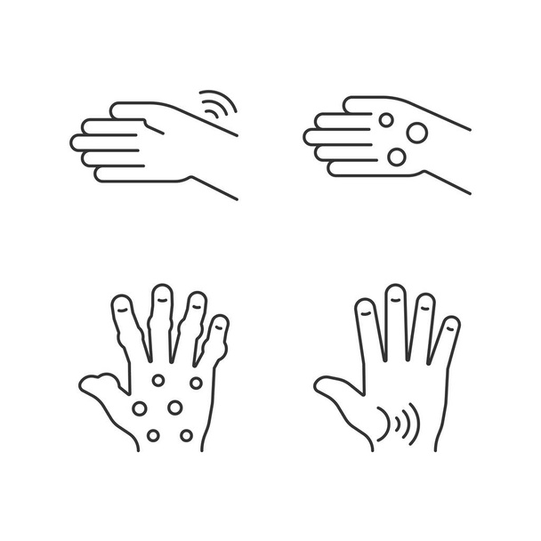 Arthritis in hands linear icons set. Wrists rheumatism. Fingers deformity. Rheumatoid nodules. Customizable thin line contour symbols. Isolated vector outline illustrations. Editable stroke - Вектор,изображение