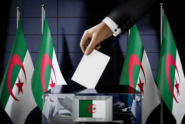 Algerije vlaggen, hand laten vallen stemkaart in een doos - stemming, verkiezingsconcept - 3D illustratie - Foto, afbeelding