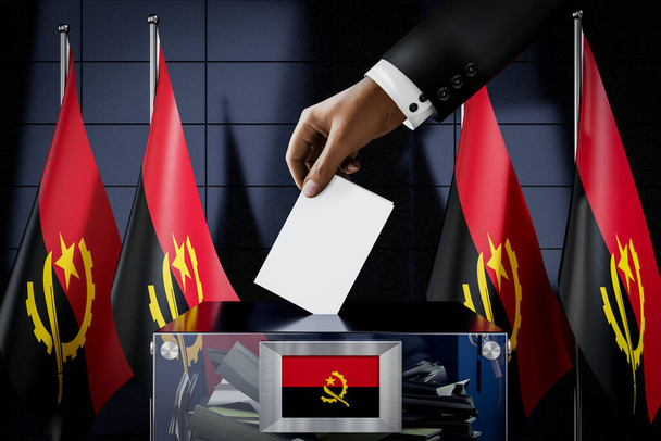 Angola flags, hand dropping ballot card into a box - voting, election concept - 3D illustration - Photo, Image