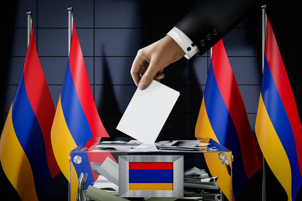 Banderas de Armenia, mano dejando caer la tarjeta de votación en una caja - votación, concepto electoral - Ilustración 3D - Foto, Imagen