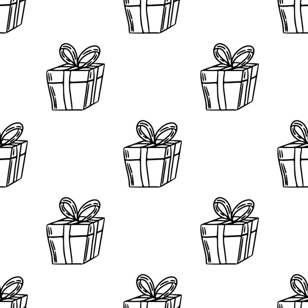 Seamless pattern with black line gift box. Vector holiday seamless pattern. - Vetor, Imagem