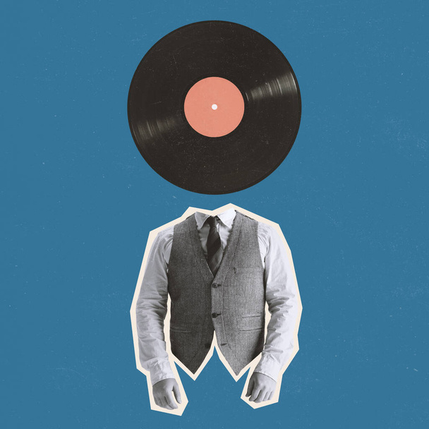 Modern design, contemporary art collage. Inspiration, idea, trendy urban magazine style. Man in business suit with vinyl record instead head - Photo, image