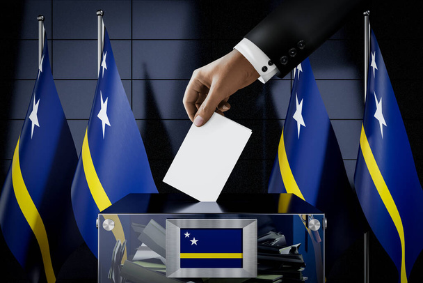 Curacao flags, hand dropping ballot card into a box - voting, election concept - 3D illustration - Photo, Image
