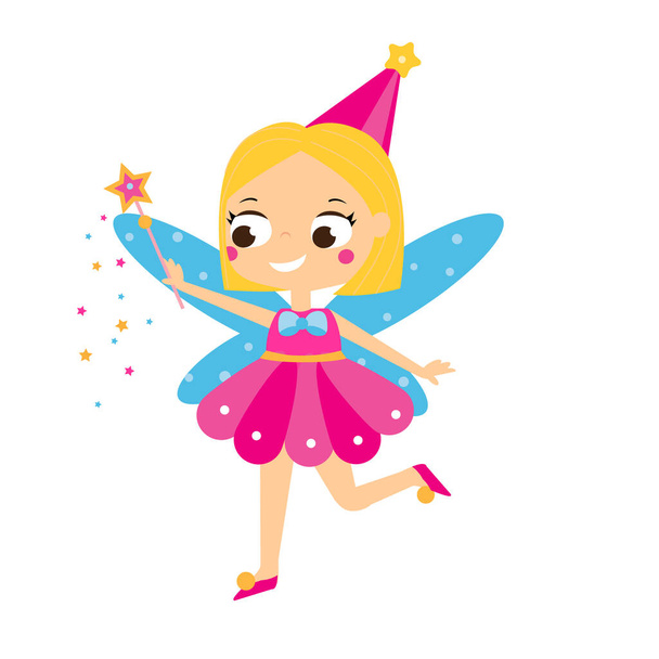 Cute fairy flapping magic wand. Cartoon flying fairy, pixie, elf character. Vector illustration - Вектор,изображение